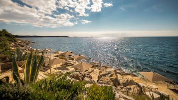 On the beach, sun loungers, beach umbrellas