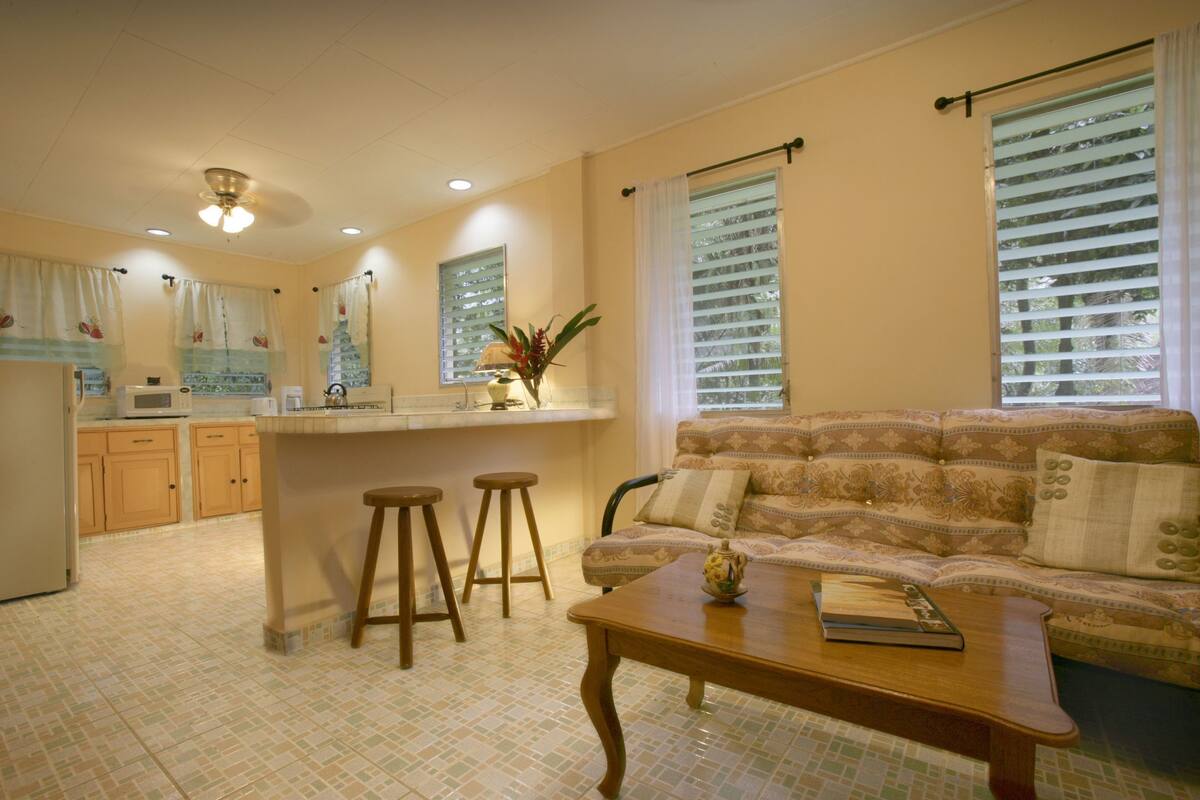 Sala de estar com sofá, mesa de centro e cozinha com banquetas.