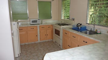 A compact kitchen with a refrigerator, microwave, stove, and sink.