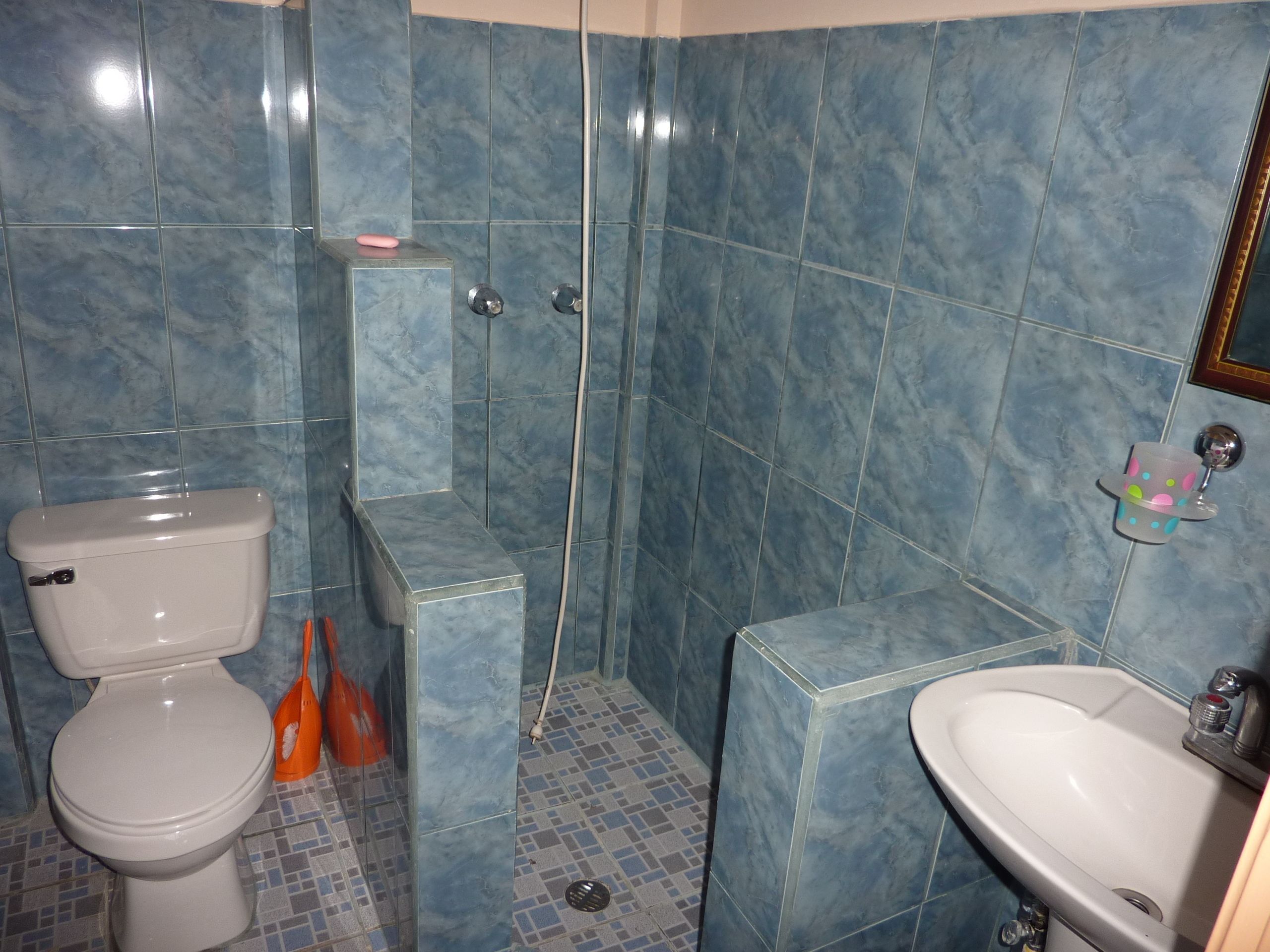 A bathroom with a toilet, sink, and shower area.