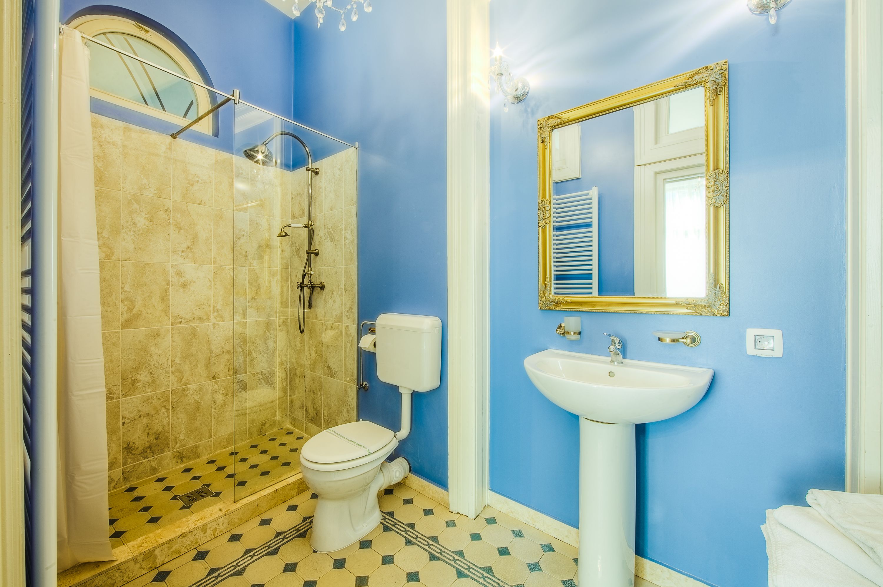 A bathroom with a shower, toilet, sink, and a mirror with a gold frame.