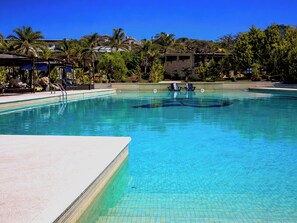A clear blue pool with lounge chairs and umbrellas, surrounded by palm trees and buildings.