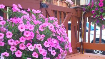 Una terraza de madera con flores rosadas y barandilla de madera.