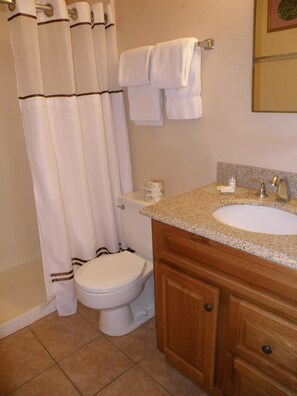 A bathroom with a toilet, sink, and shower curtain.