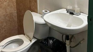 Un baño con inodoro, lavamanos y ducha.