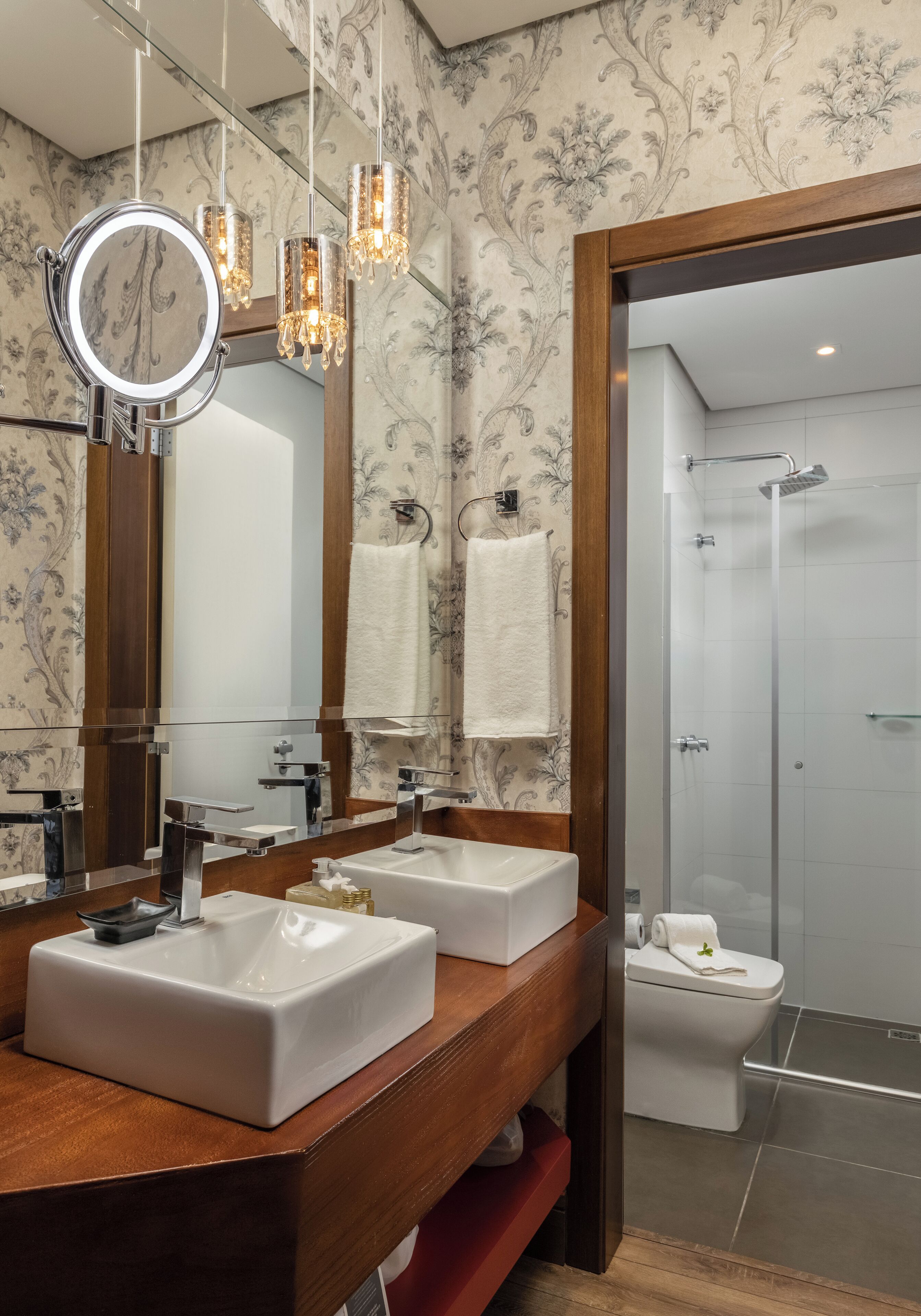 designer toiletries, hair dryer, bidet, heated floors