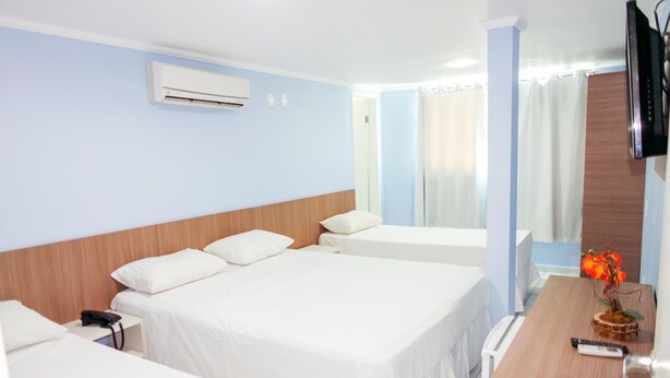 Habitación de hotel con dos camas individuales, un cabecero de madera, un escritorio con un florero y un televisor montado en la pared.