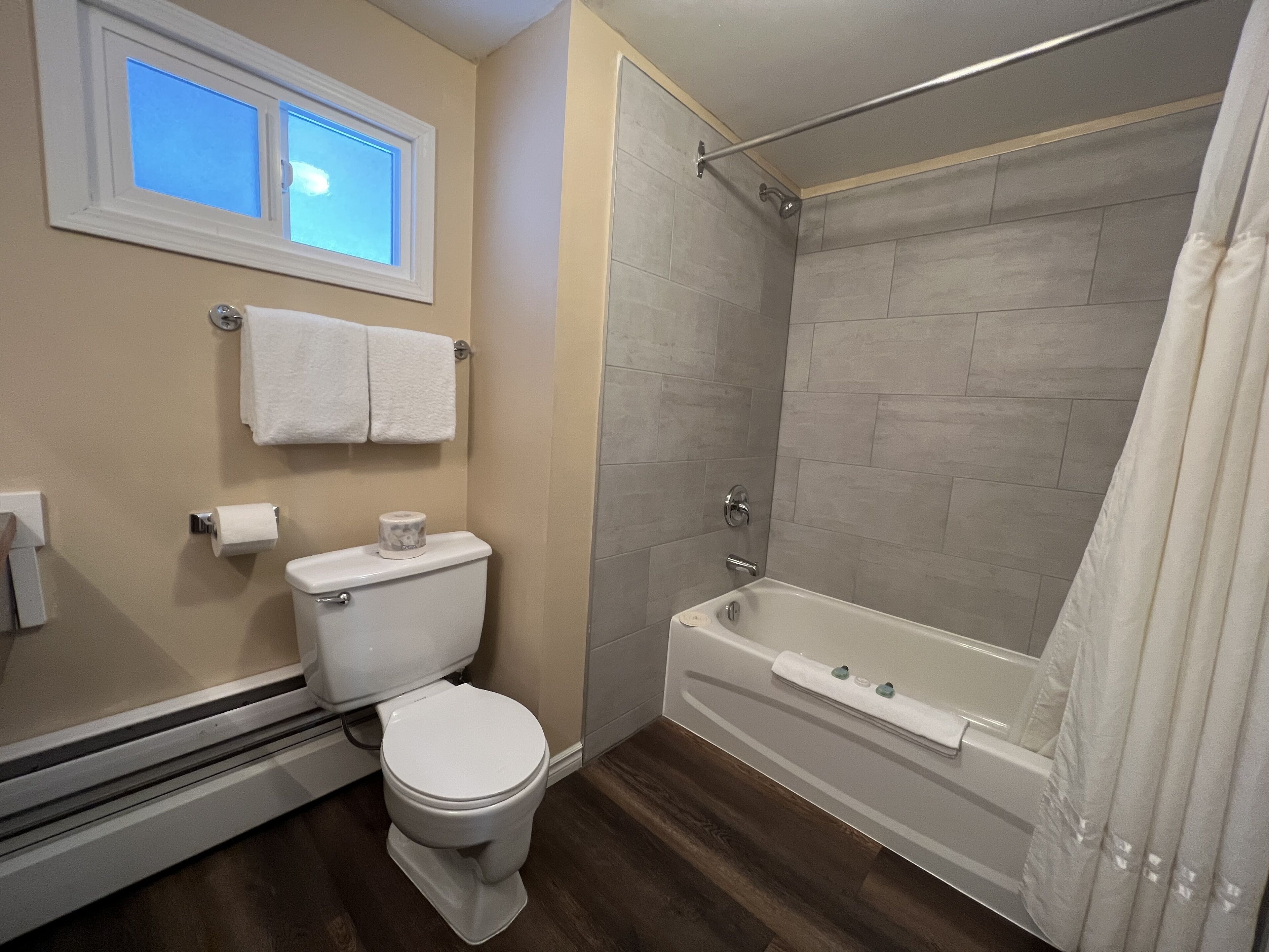 A bathroom with a toilet, a bathtub, and a shower.