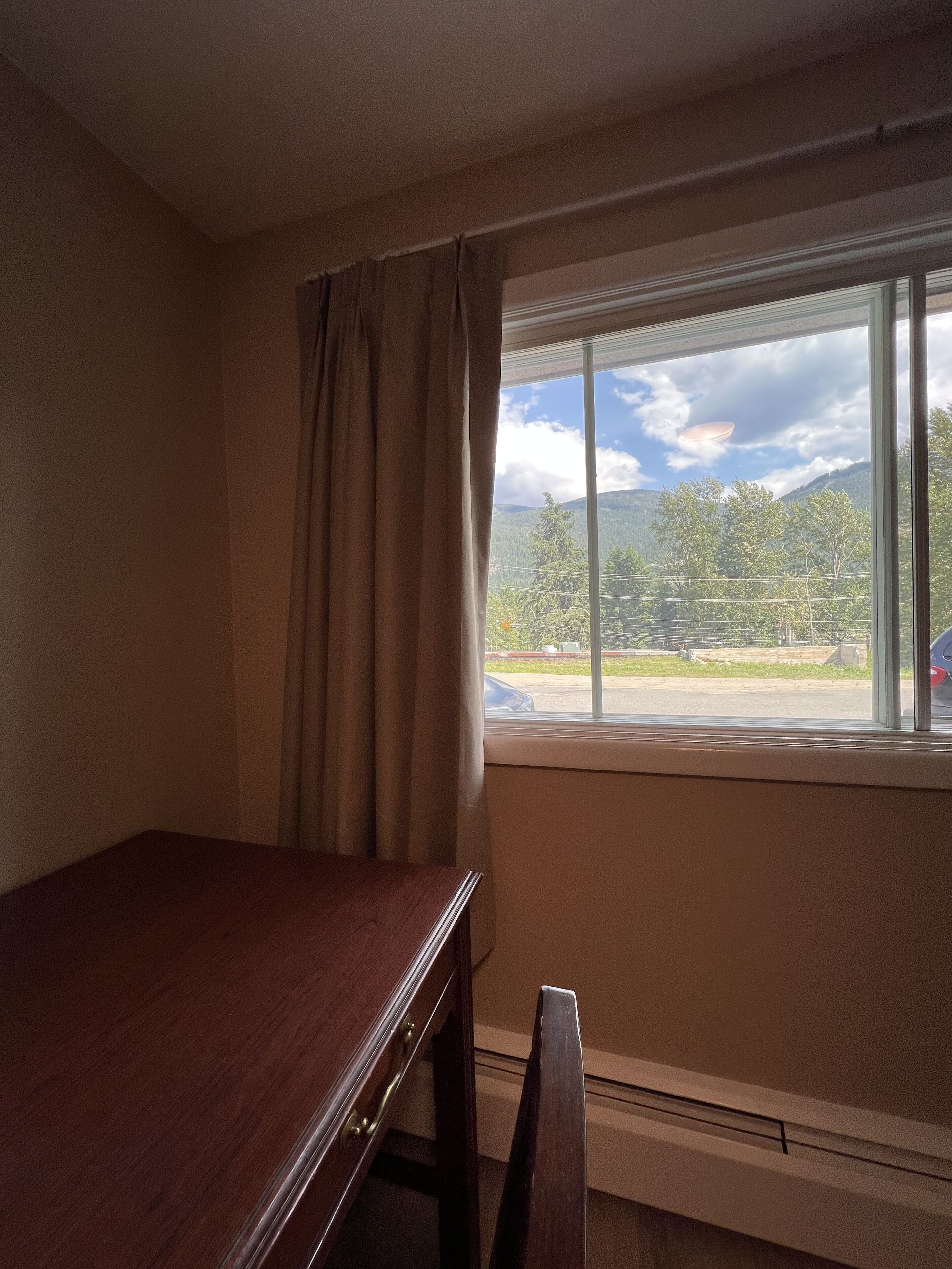 Una habitación con una cama individual, una ventana que da a un estacionamiento y montañas, y un radiador.