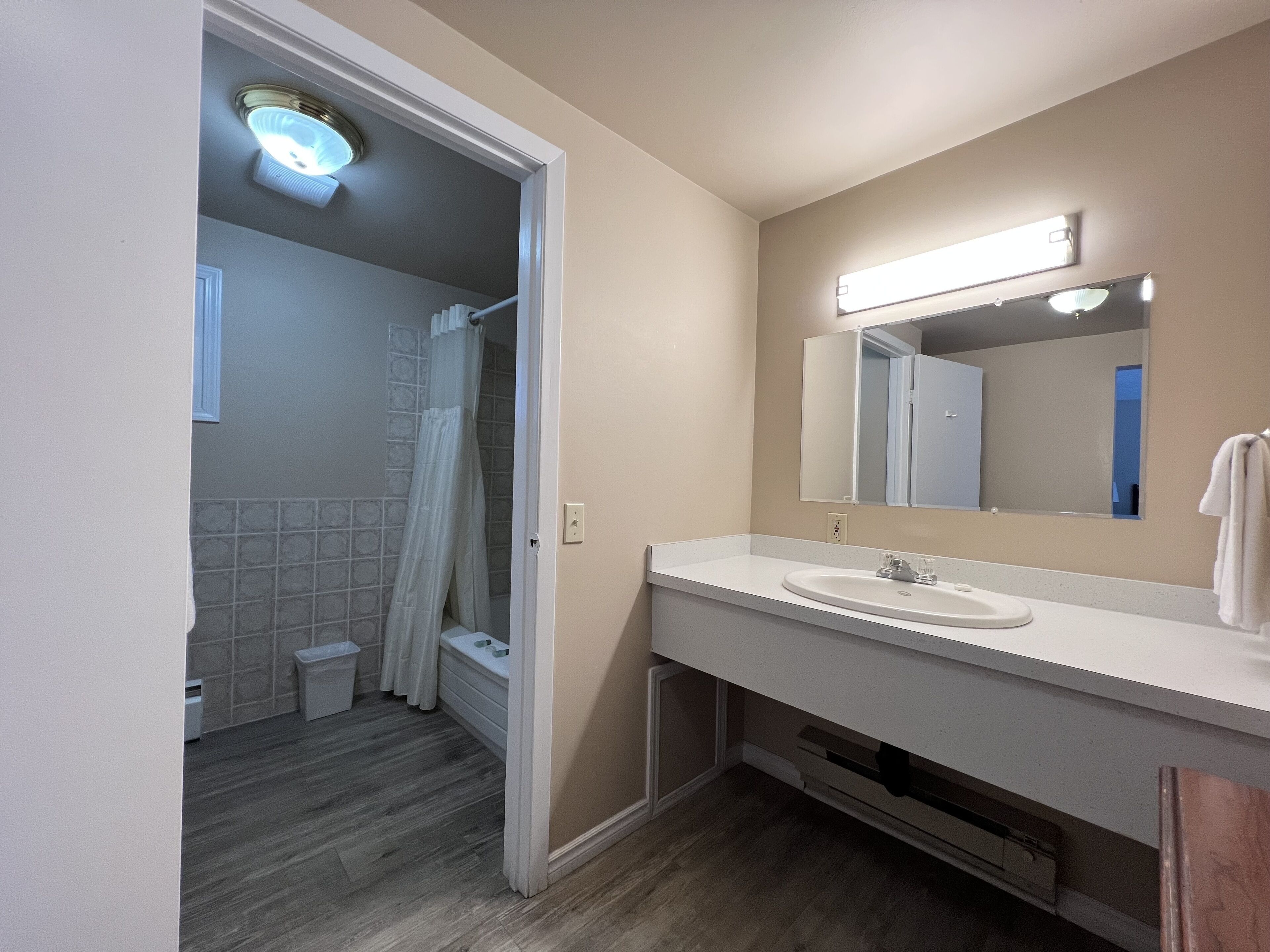 A bathroom with a white sink, a mirror, and a shower.