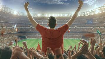 A stadium filled with spectators, a person in the foreground with arms raised, and a clear sky.
