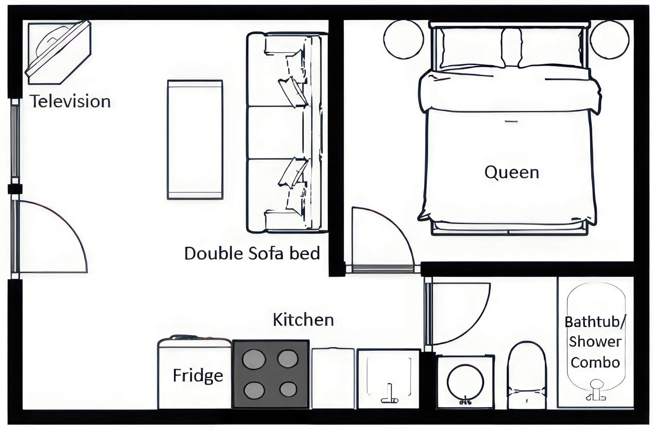 Distribución de una habitación que incluye televisor, sofá cama doble, cocina, refrigerador y baño con bañera y ducha.