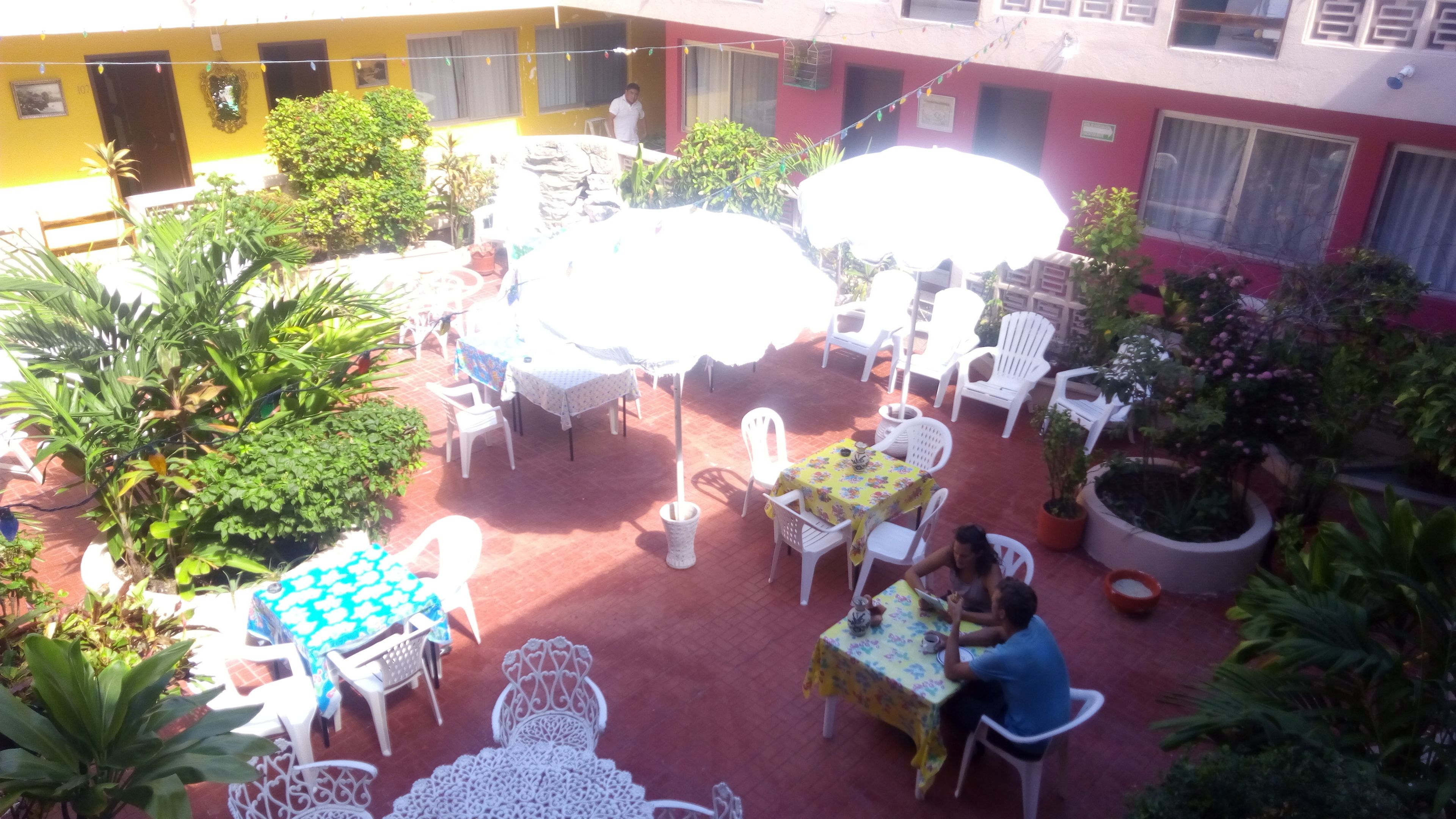 An outdoor patio with white plastic chairs and tables, surrounded by potted plants and a yellow building in the background.