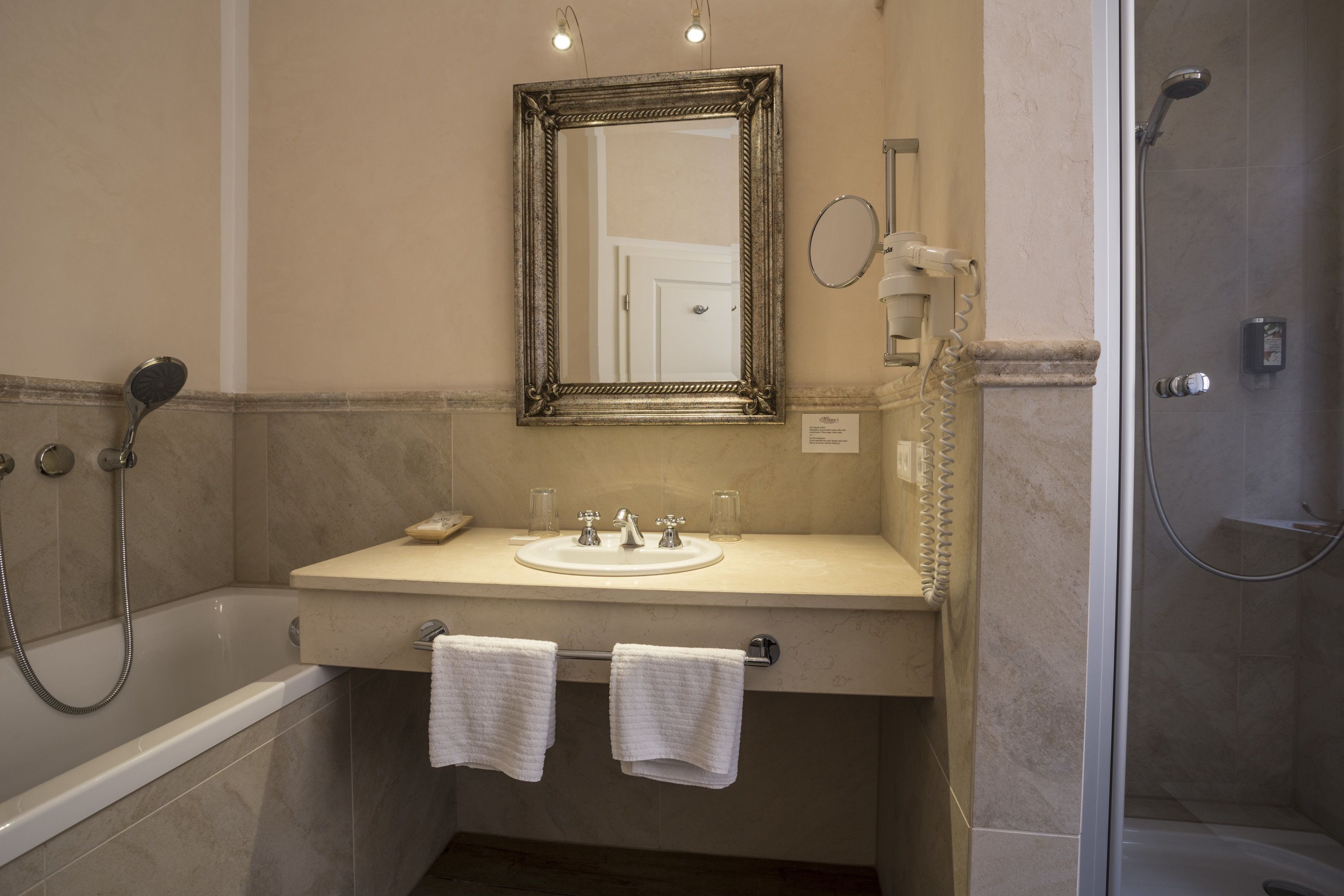 free toiletries, hair dryer, towels