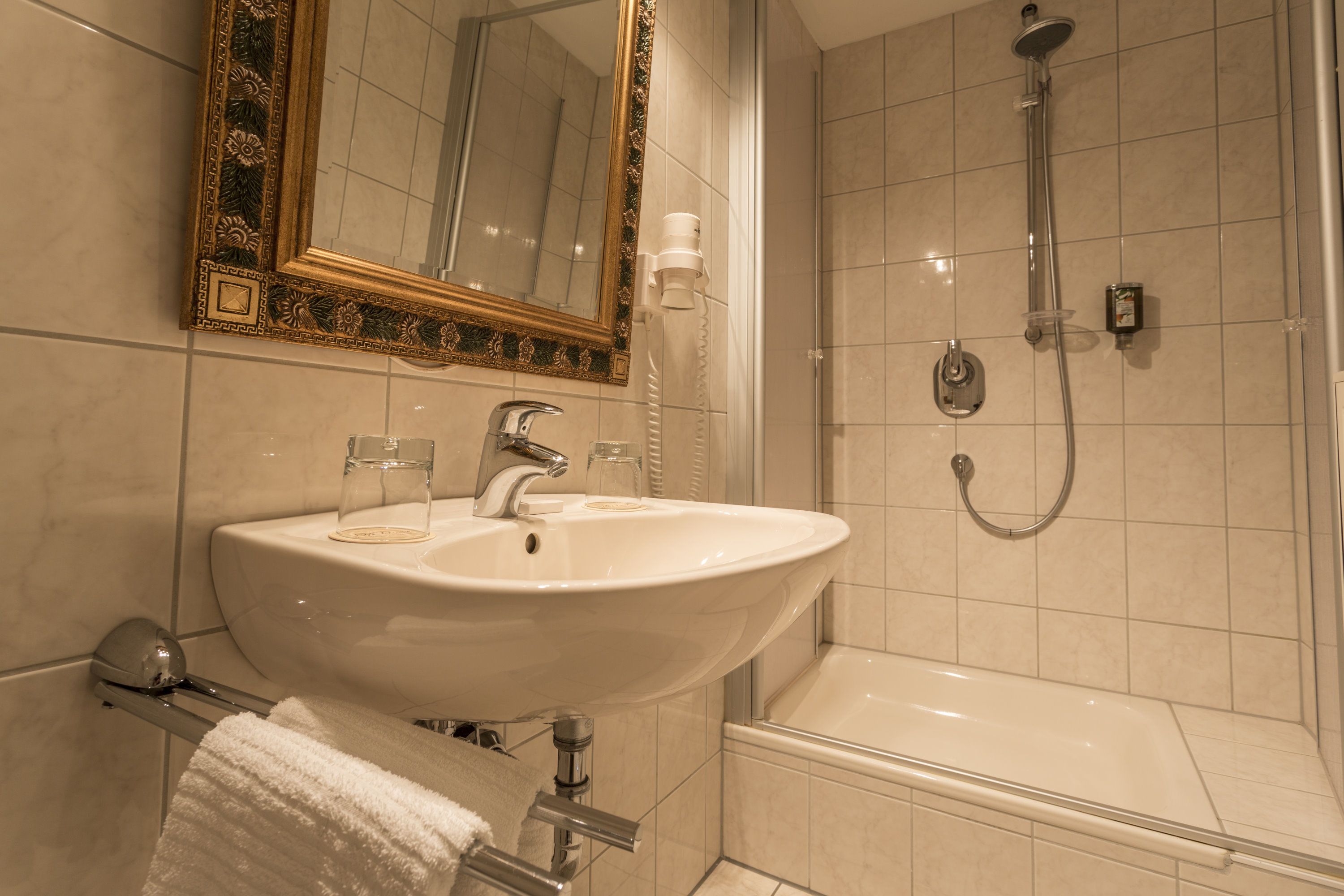 free toiletries, hair dryer, towels