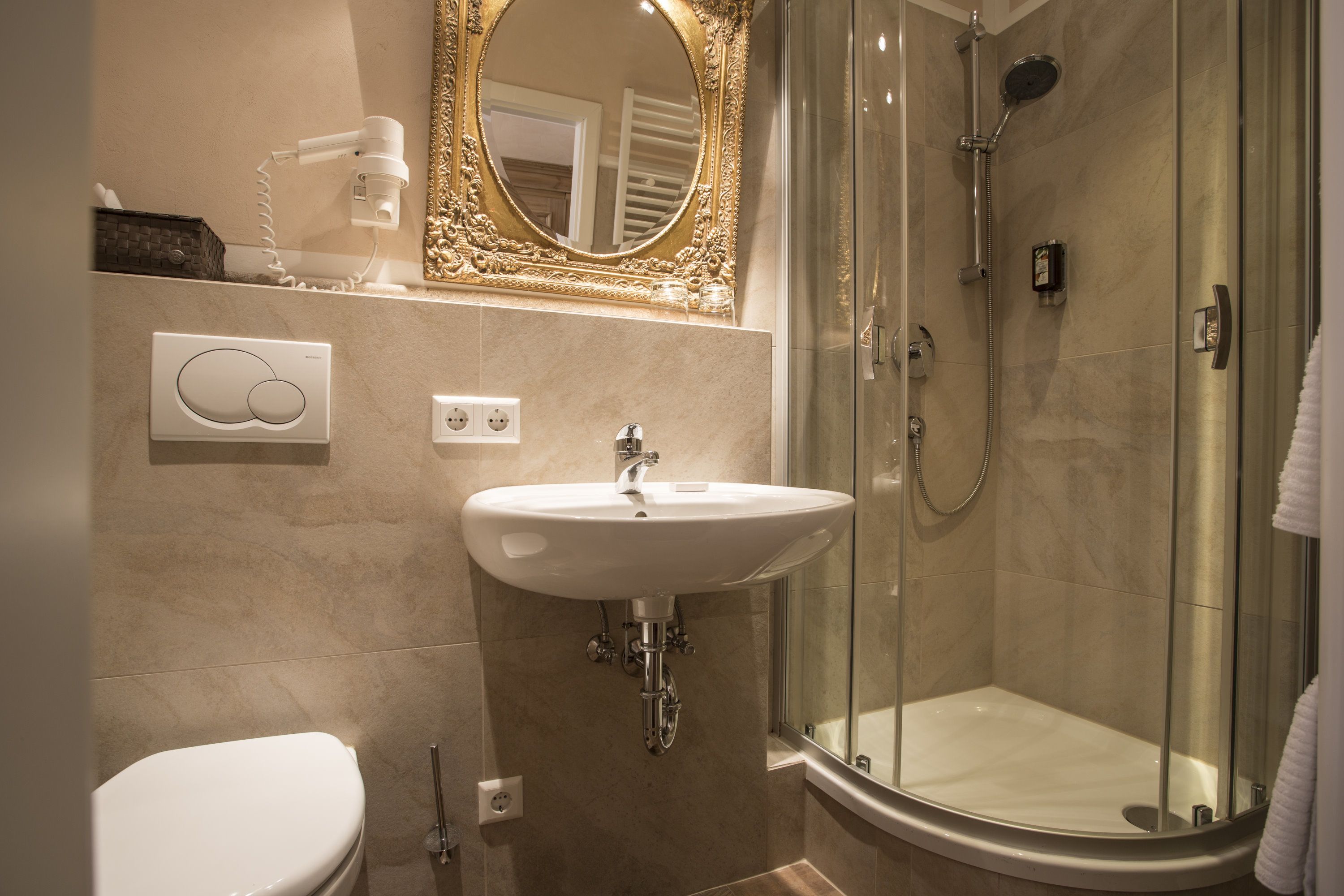 free toiletries, hair dryer, towels