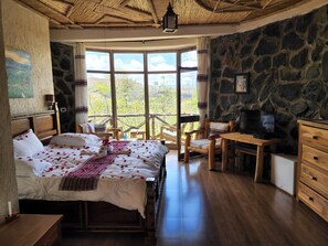 A room with a bed, a desk, a television, and a stone wall.