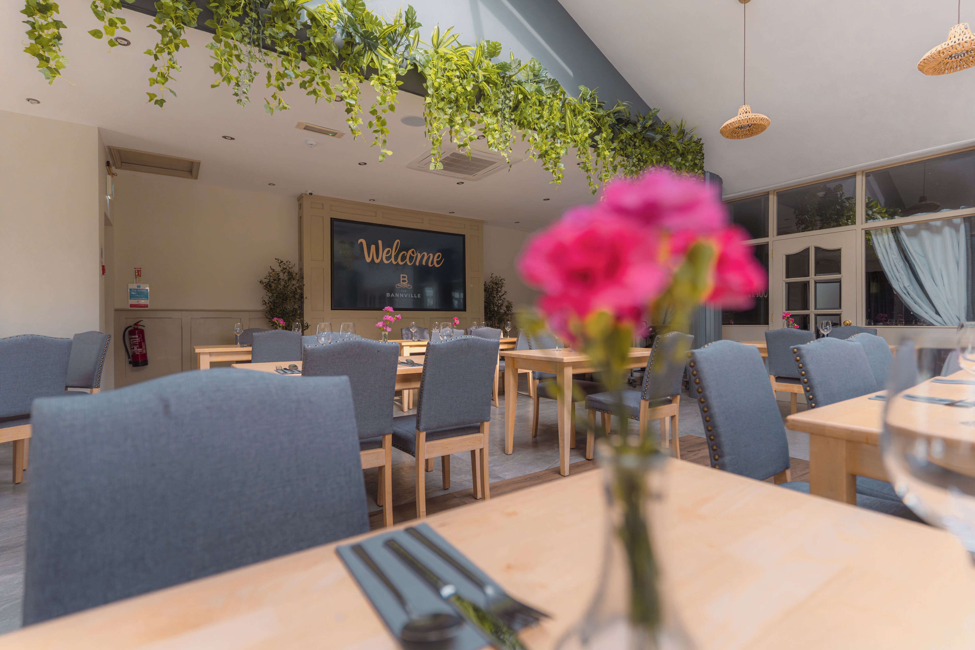 Interior de un restaurante con mesas, sillas, un letrero de bienvenida y plantas colgantes.