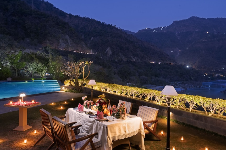 Ganga riverside resort setting representative of Aloha On The Ganges style