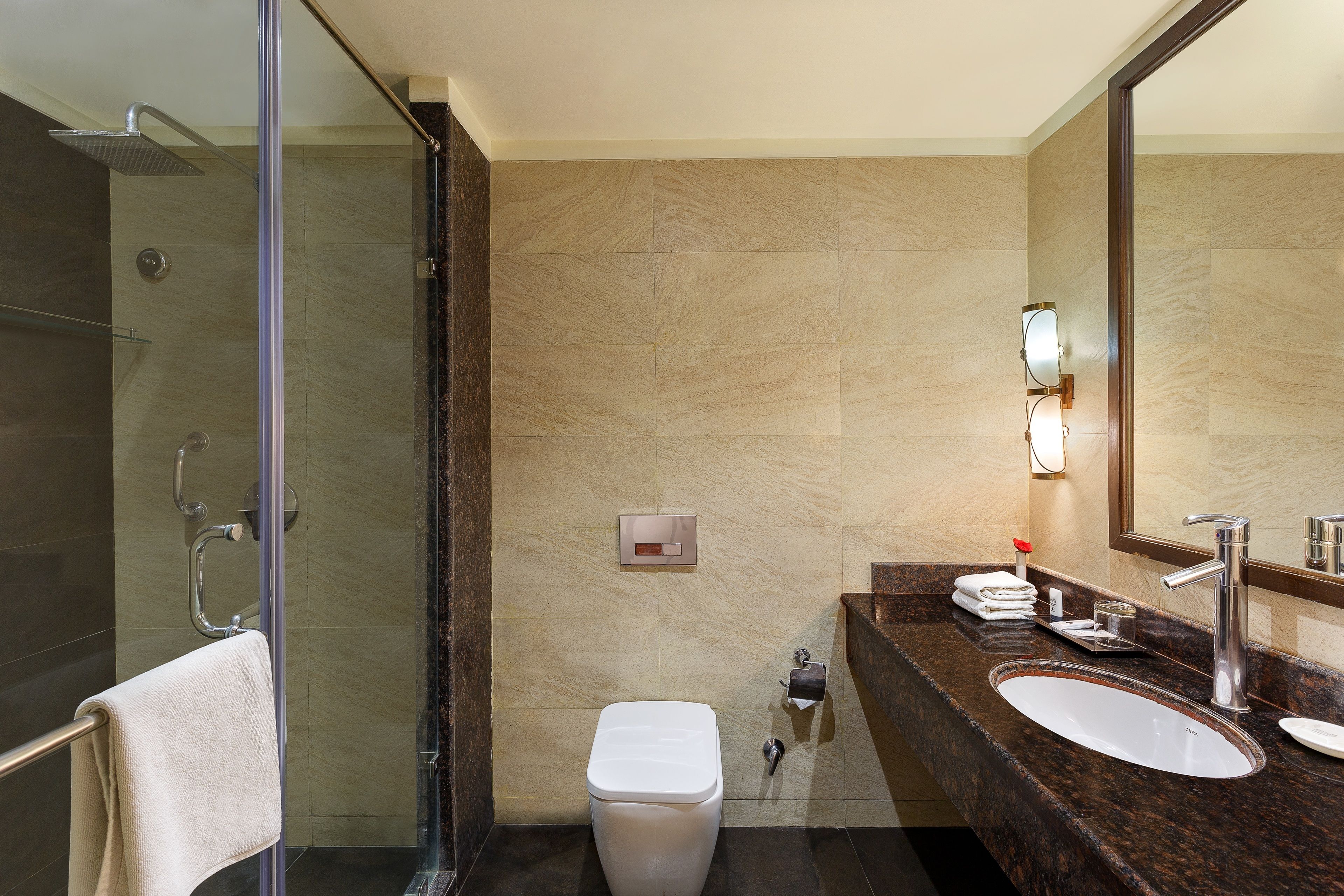 A modern bathroom with a glass-enclosed shower, a white toilet, and a marble-tiled wall.