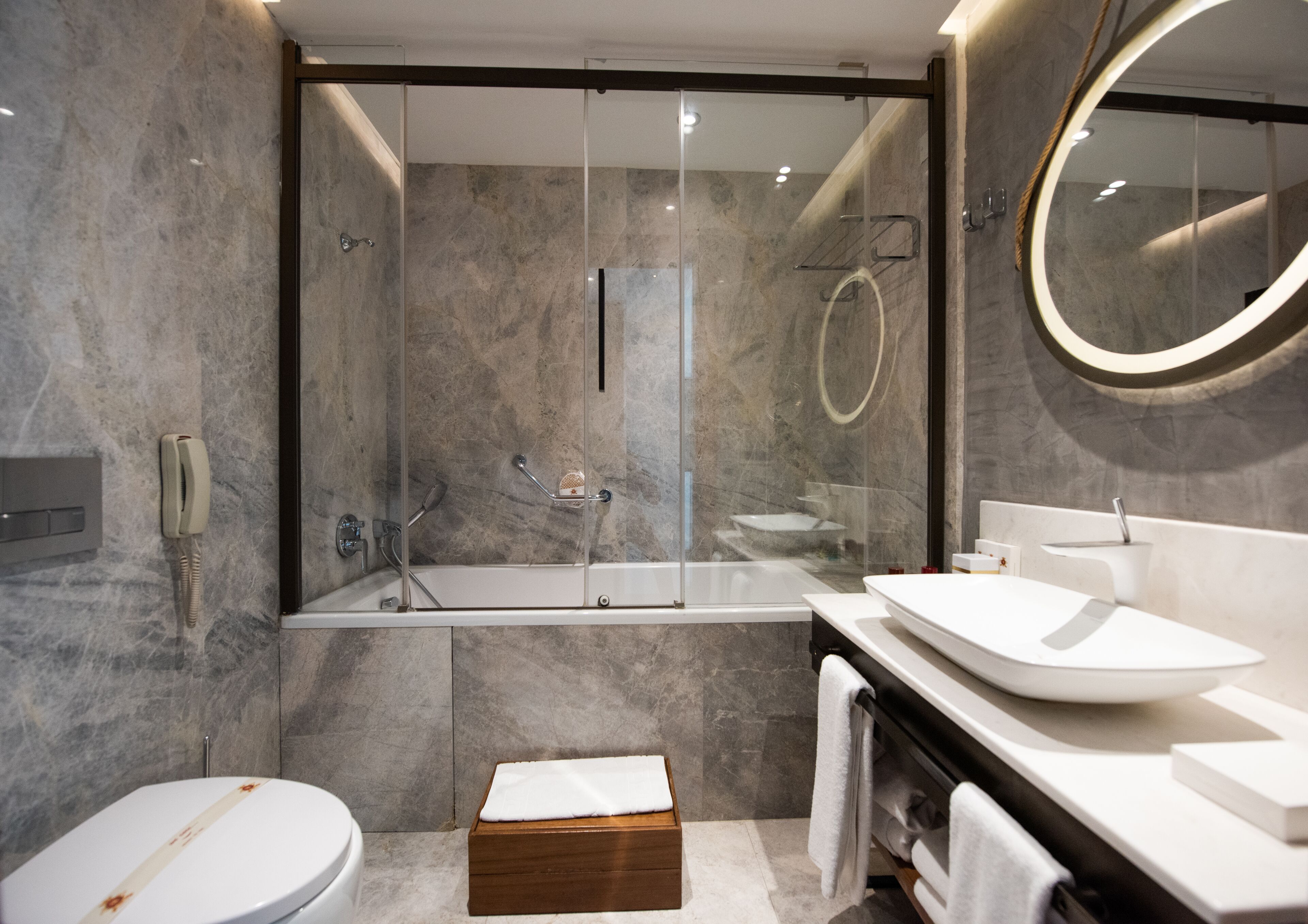 shower, designer toiletries, hair dryer, bathrobes