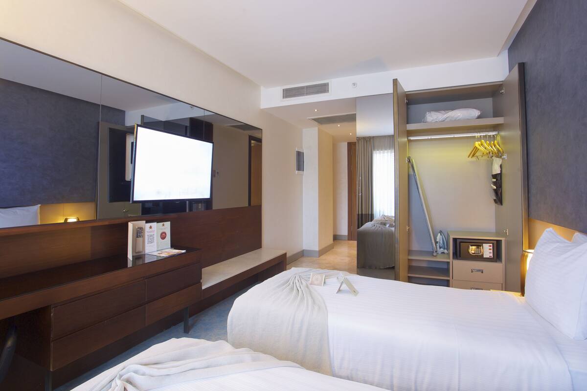 A hotel room with a bed, a desk, a mirror, a wardrobe, and a TV.