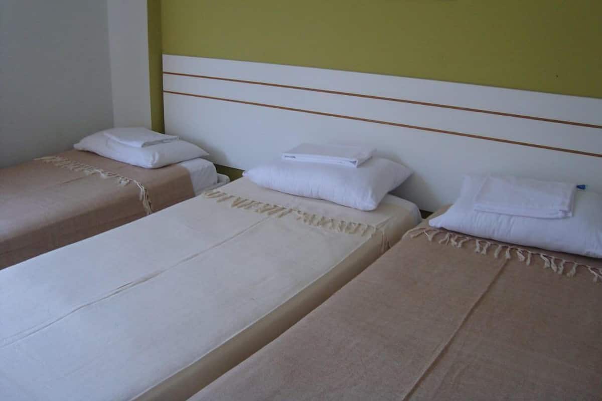 A hotel room with two single beds, each with a white pillow and a beige blanket.