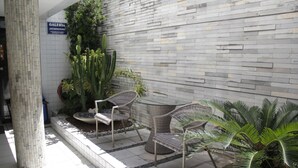 Un espace patio aménagé avec deux fauteuils en osier, un cactus et un palmier.