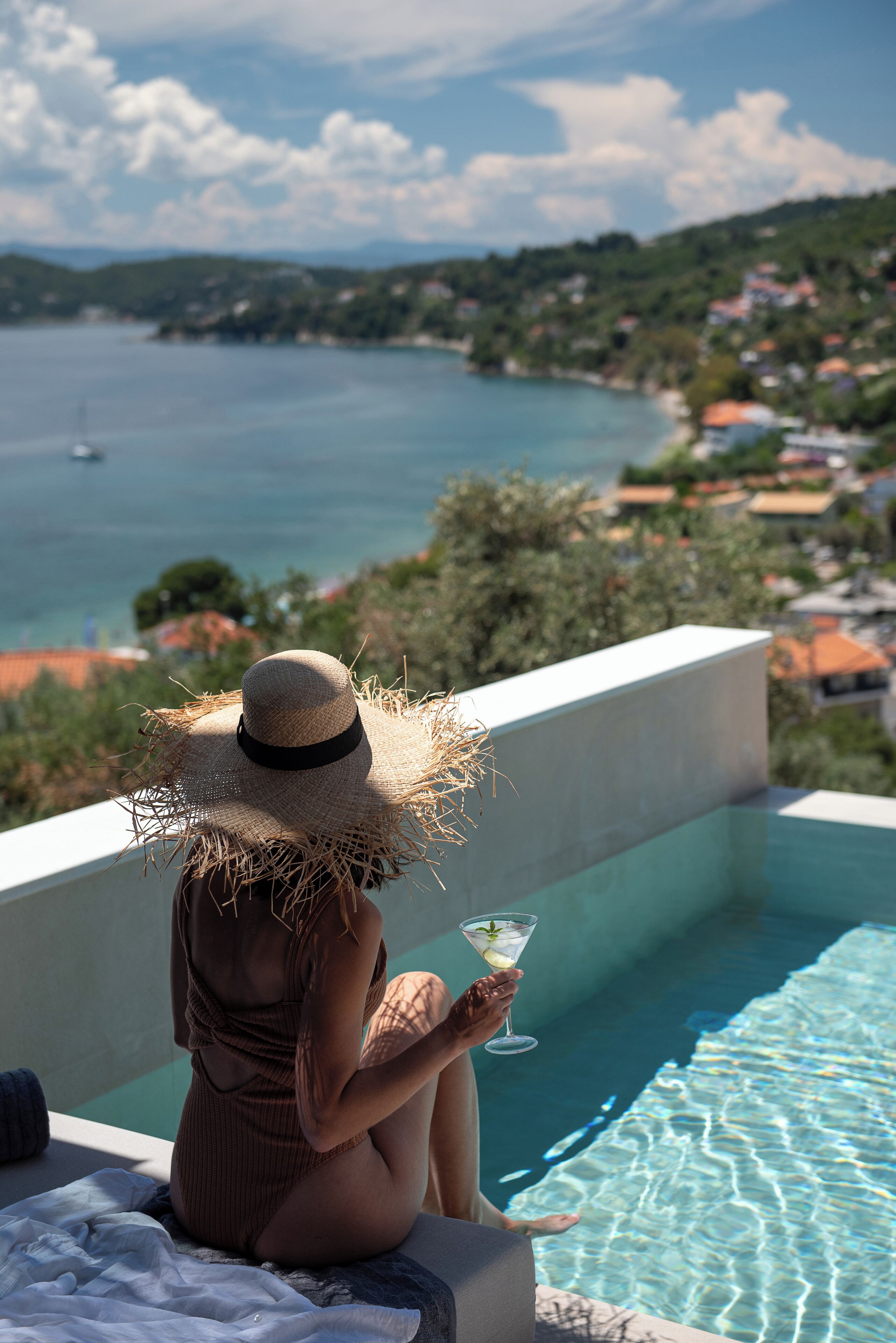 seasonal outdoor pool, pool umbrellas, pool loungers