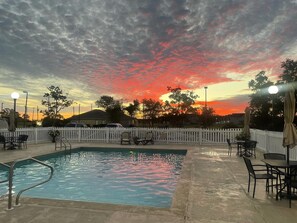 Outdoor pool, pool umbrellas, pool loungers