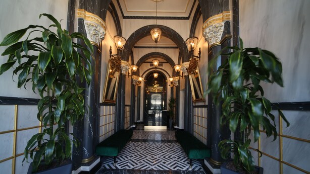 A grand hallway with a patterned floor, large potted plants, and ornate lighting fixtures. - Nordstern Hotel Galata (Istanbul)