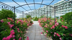 A covered walkway with pink roses, leading to a modern building with balconies. - Hotel Laguna Beach (Albena)