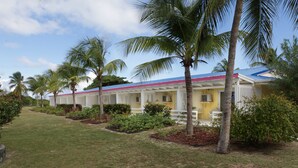 A row of single-story buildings with a blue roof, surrounded by palm trees and well-maintained lawns. - Anegada Reef Hotel (Setting Point)