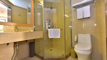 A modern bathroom with a glass-enclosed shower, a sink with a mirror, and a toilet.