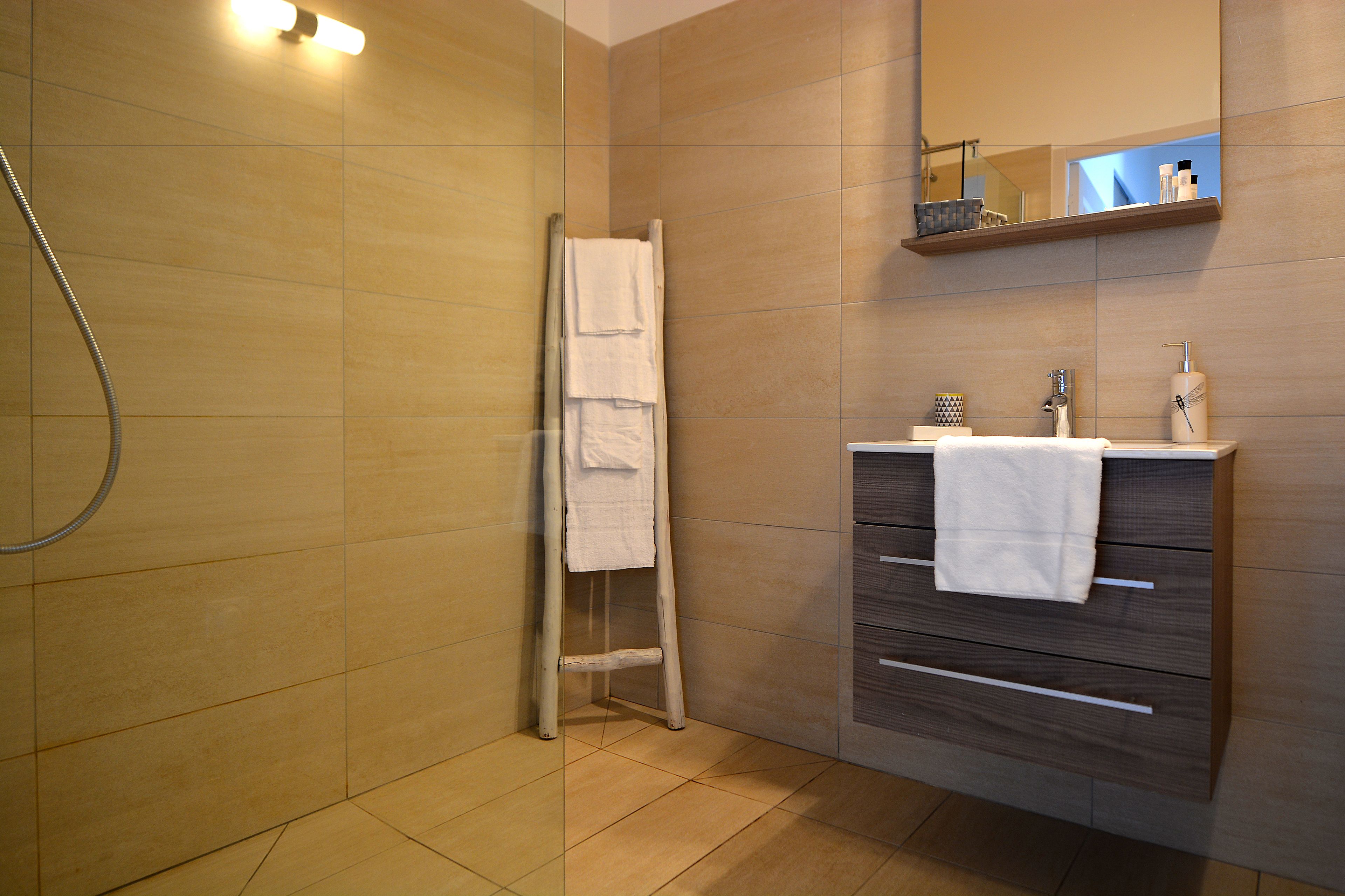 Ein modernes Badezimmer mit Dusche, Handtuchhalter, Waschtisch mit Spiegel und Ablage über dem Spiegel.