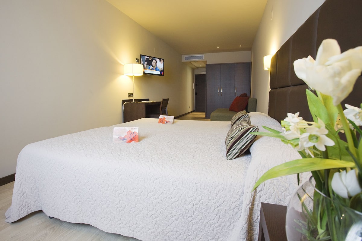 A hotel room with a large bed, a television mounted on the wall, a desk with a chair, and a wardrobe.