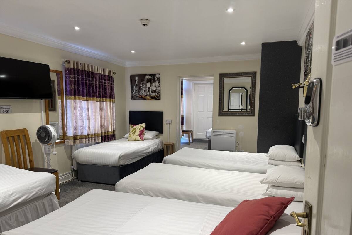 A hotel room with four single beds, a flat-screen TV, a standing fan, a radiator, and a mirror on the wall.