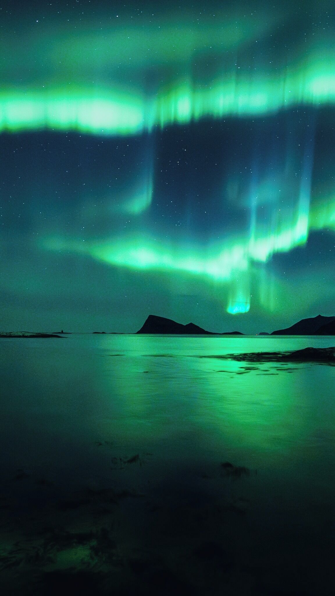 A night scene with the Northern Lights over a calm body of water and distant mountains.