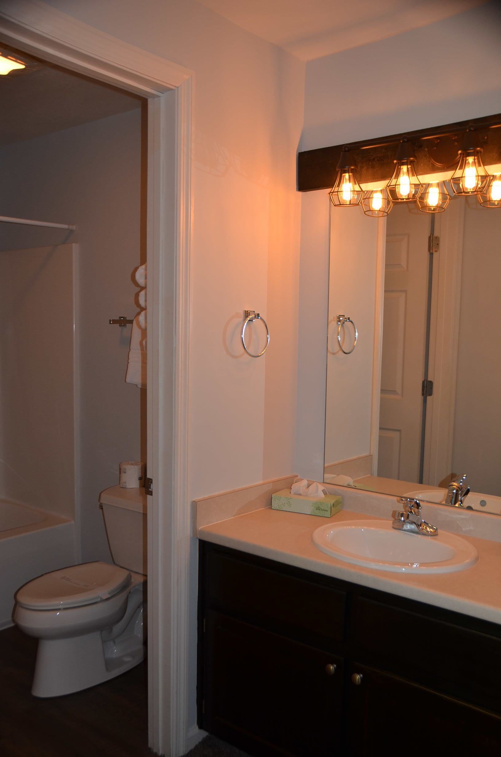 Een badkamer met een wit toilet, een wastafel met spiegel erboven en een douche in de achtergrond.