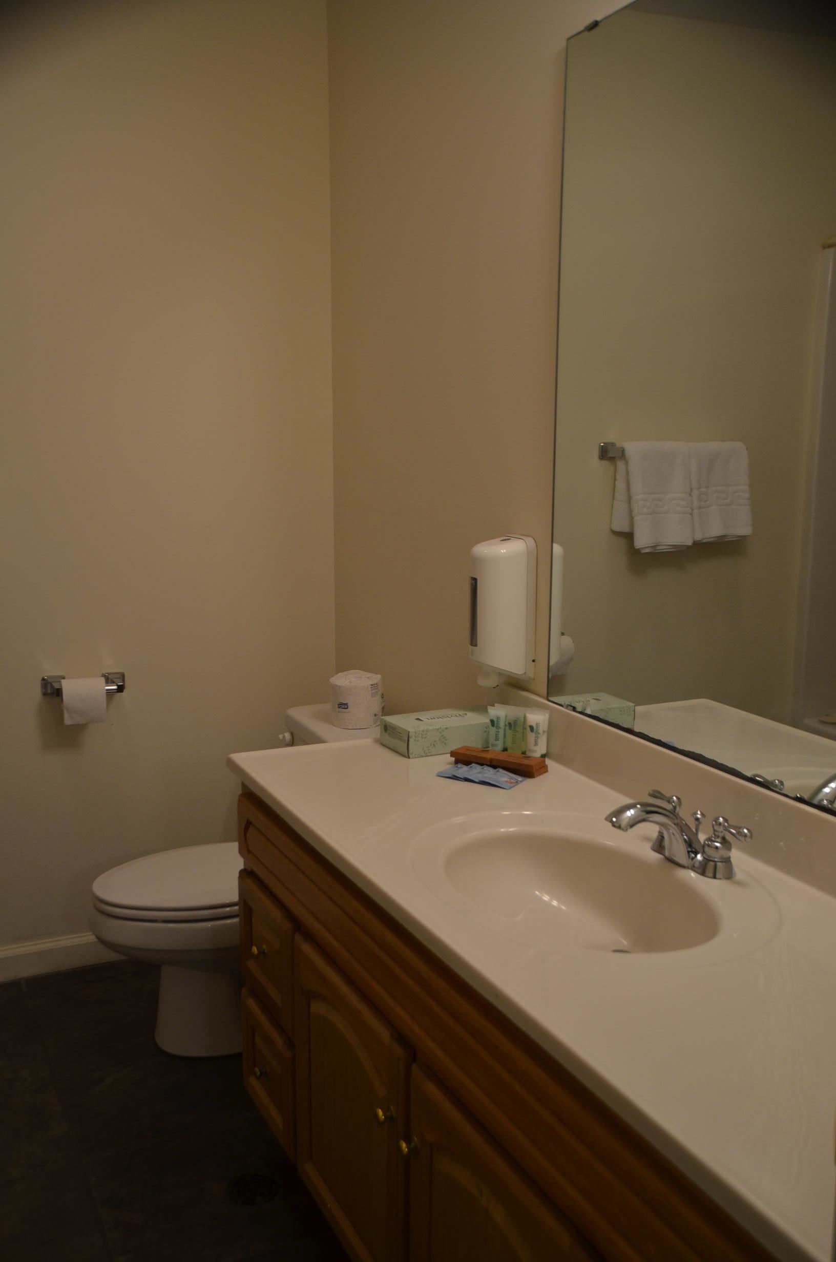 A bathroom with a white sink, mirror, and toilet.
