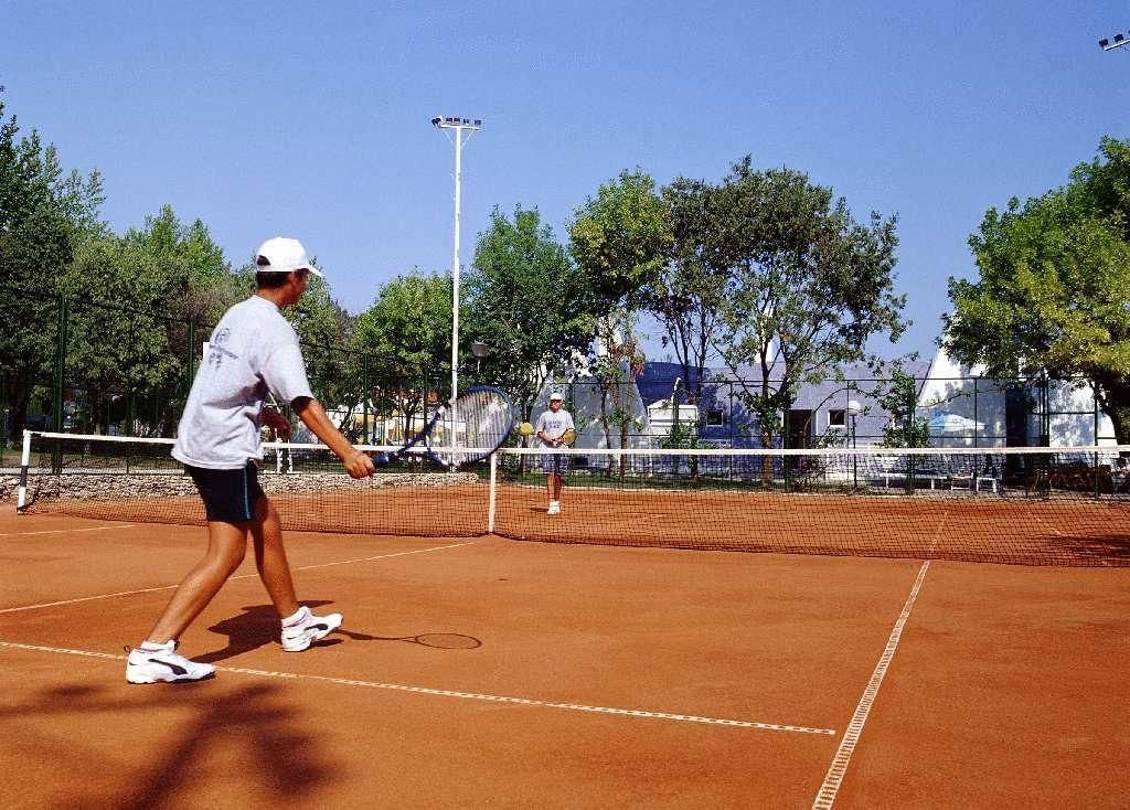 Una cancha de tenis con una red en el centro, rodeada de árboles y una valla.