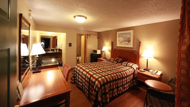 A hotel room with a bed, bedside tables, a desk, a chair, a mirror, a painting on the wall, and a ceiling light. - Executive Motel (Eugene)
