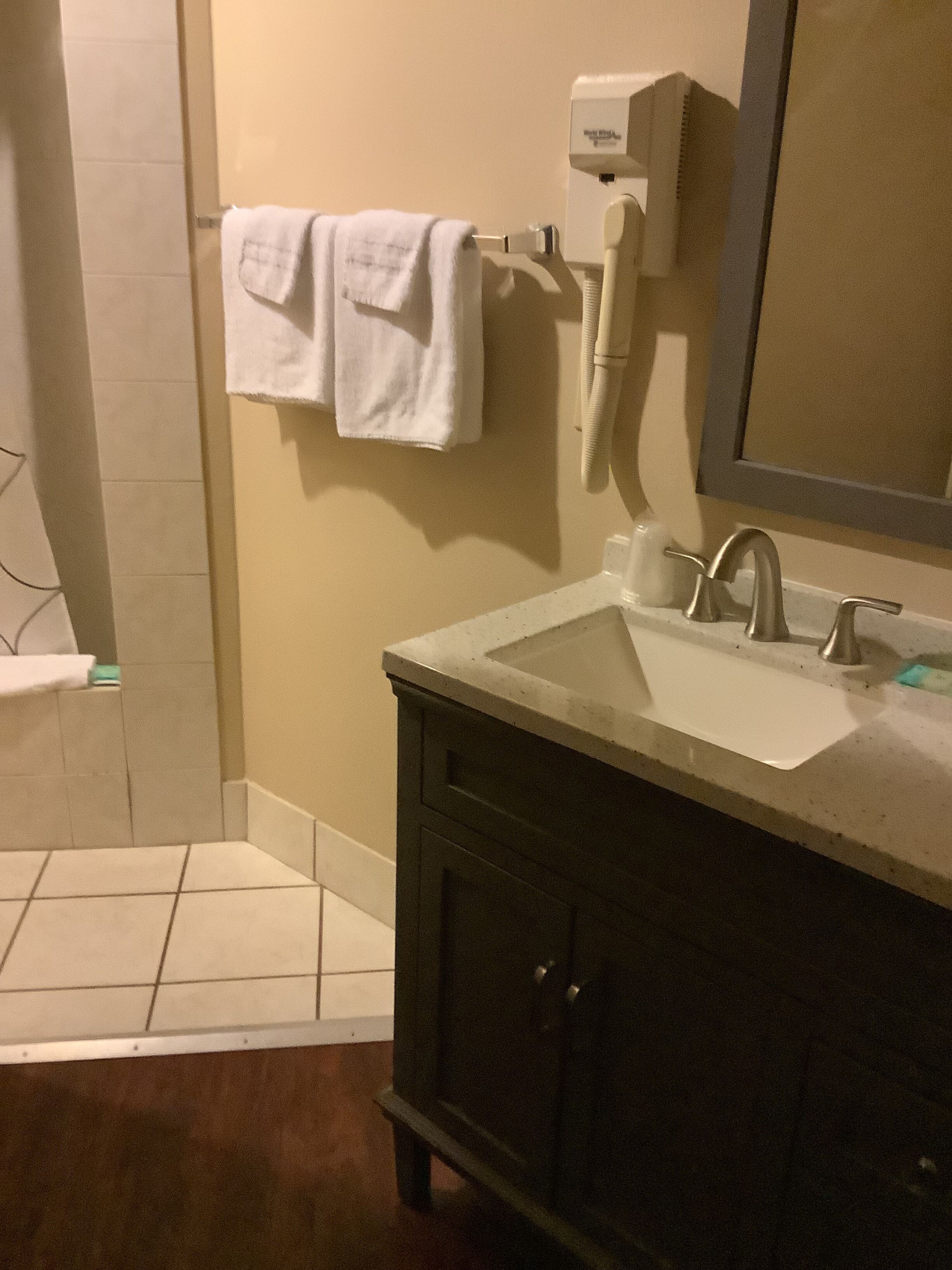 A bathroom with a sink, mirror, towel rack, and a handheld showerhead.