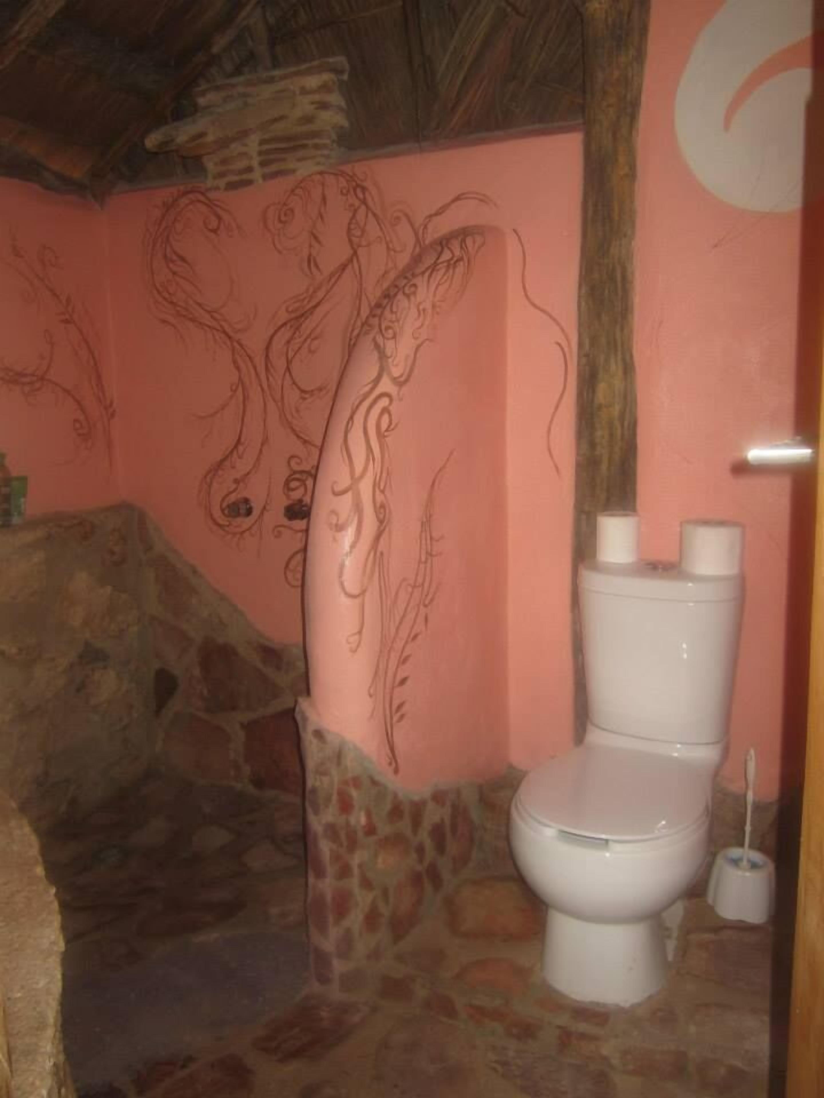 A bathroom with a stone wall, a white toilet, and a pink wall with a large abstract design.