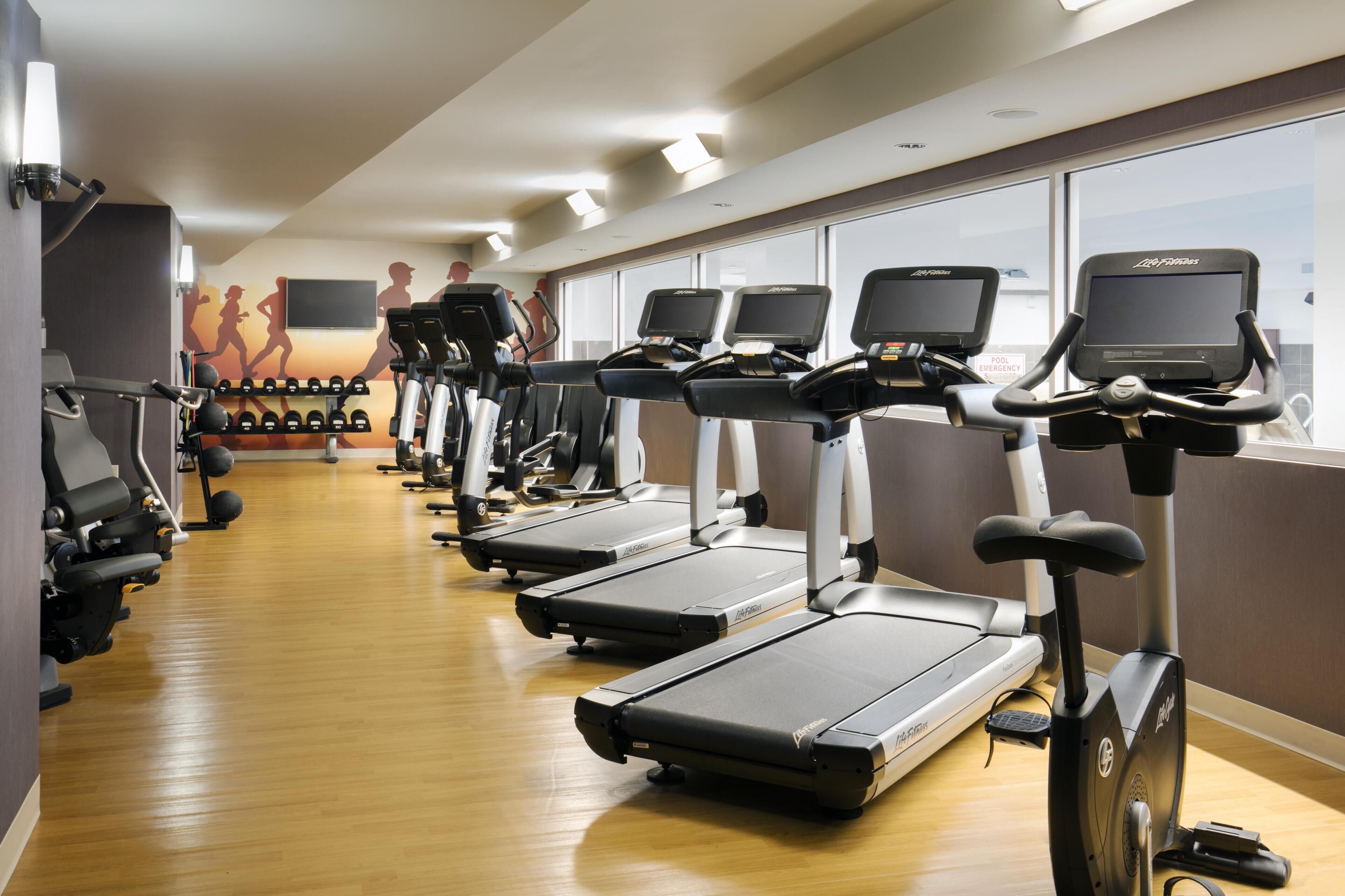 A gym with treadmills, ellipticals, and dumbbells.