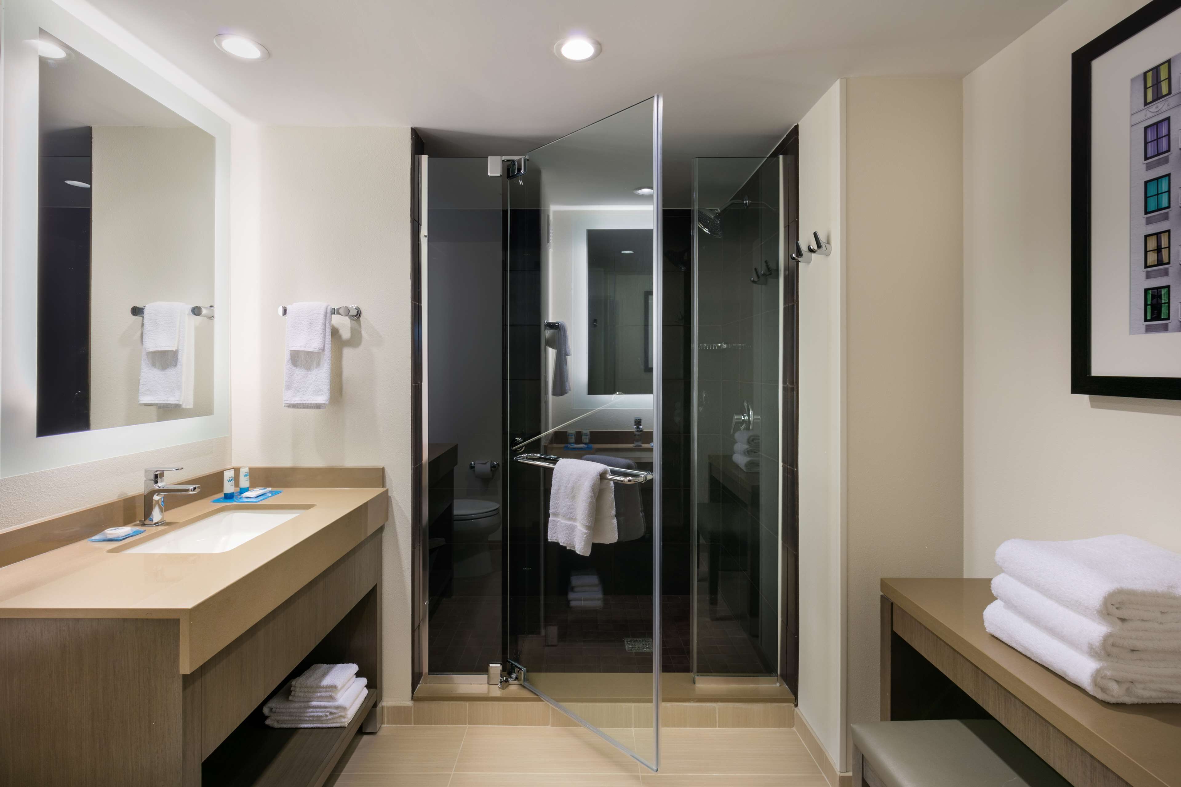 combined shower/bathtub, rainfall showerhead, designer toiletries