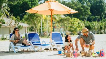Private beach, beach umbrellas, kayaking