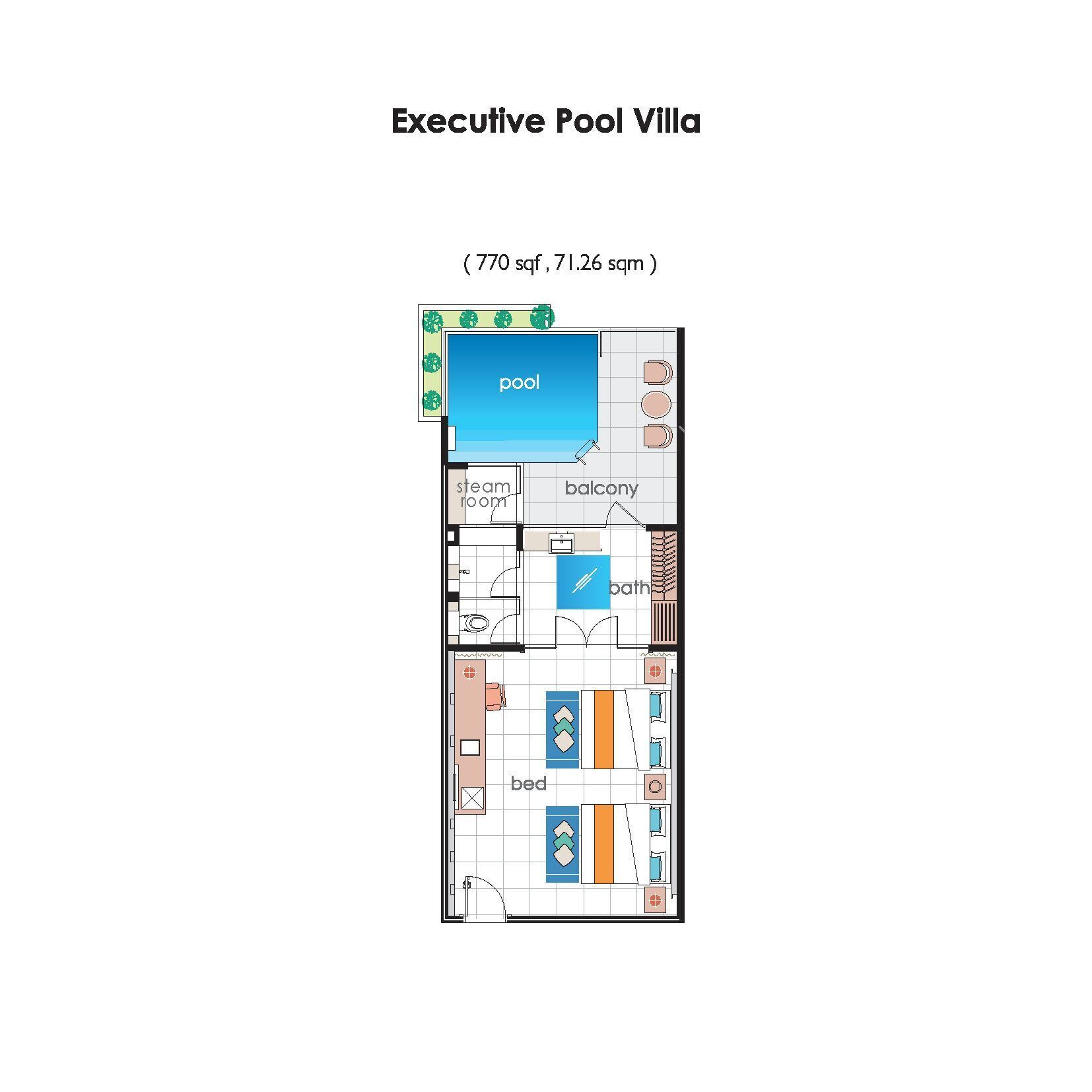 An Executive Pool Villa layout with a pool, balcony, steam room, bath, and bed areas.