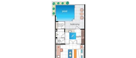 An Executive Pool Villa layout with a pool, balcony, steam room, bath, and bed areas.