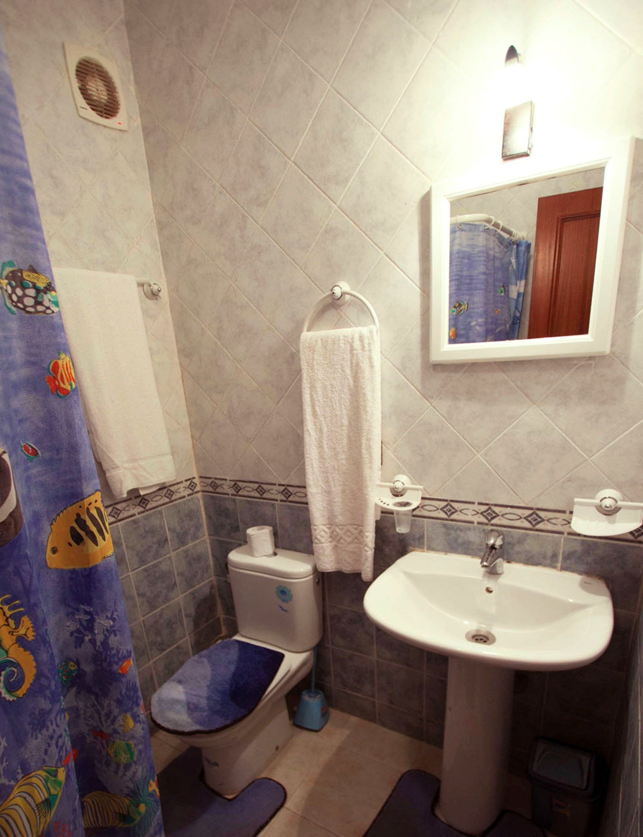 A bathroom with a toilet, sink, and shower curtain.